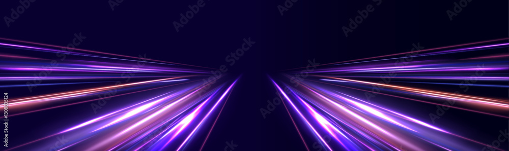 Poster high-speed light trails effect. vector glitter light fire flare trace. panoramic high speed technolo