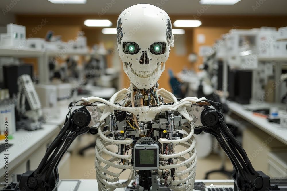 Aufkleber robot skeleton showcasing intricate mechanical design in a high-tech laboratory environment during d