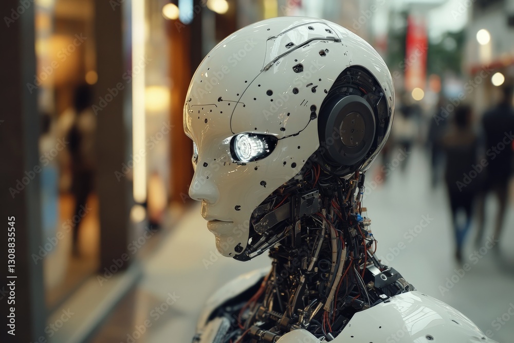 Aufkleber robot with intricate design stands in a bustling urban street showcasing advanced technology amidst 