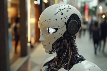 Fototapeta premium Robot with intricate design stands in a bustling urban street showcasing advanced technology amidst human activity