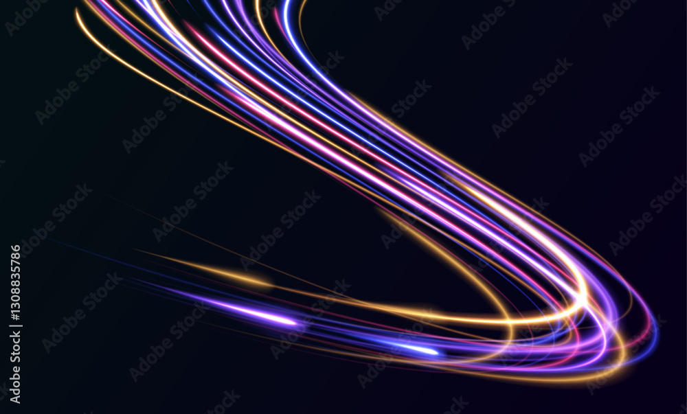 Poster beautiful glow light flare and spark. neon line as speed or arc, turn, twist, bend in light effect. 