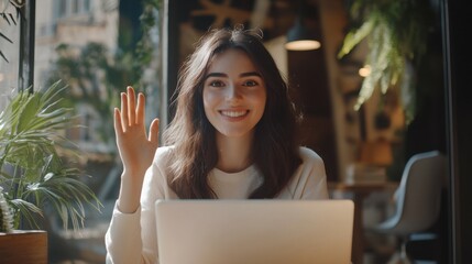Greeting Concept. Portrait of smiling beautiful woman waving hello with hand looking at camera, using laptop at home office. Cheerful lady saying hi or goodbye during video call, blurred background