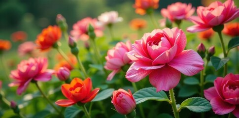 Fototapeta premium Vibrant blooms in a wide shot, diverse colors , wide angle, summer