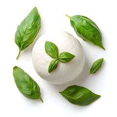 Obraz premium Top-Down View of Fresh Mozzarella Ball with Basil Leaves on White Background, Isolated Food Shot