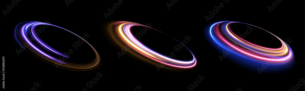 Fototapete Set of neon blurry light circles at motion . Vector swirl trail effect. Abstract vector fire circles, sparkling swirls and energy light spiral frames.