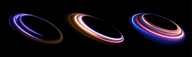 Set of neon blurry light circles at motion . Vector swirl trail effect. Abstract vector fire circles, sparkling swirls and energy light spiral frames.