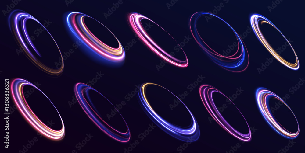 Aufkleber Set of glowing neon circles with light trails. Blue ellipse glowing effect with swirling energy flow. Abstract speed lines and dynamic movement.