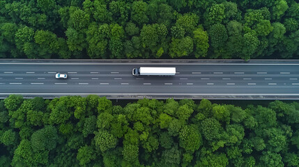 Aerial View Of A Highway With White Truck And Car Surrounded By Lush Green Trees