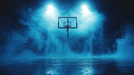 Moody basketball court with illuminated hoop surrounded by dramatic blue smoke under spotlights in a dark, atmospheric setting.