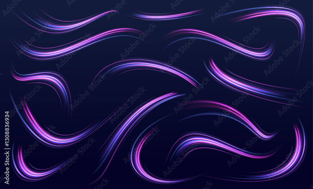 Aufkleber A large set of low-poly designs made of thin lines in the form of branches, spirals and arcs. Expressway, car headlight effect. Speed connection vector background.	