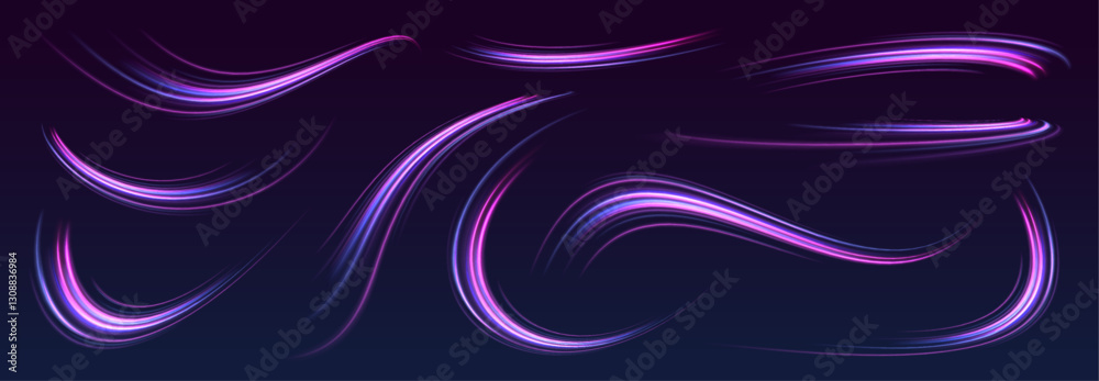 Poster Set of glowing speed spirals on dark background for your neon design. Abstract vector fire circles, sparkling swirls and energy light spiral frames.	