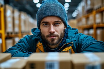 Young man in a warehouse focusing on logistics and inventory tasks in a busy environment