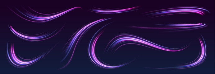 Set of glowing speed spirals on dark background for your neon design. Abstract vector fire circles, sparkling swirls and energy light spiral frames.	