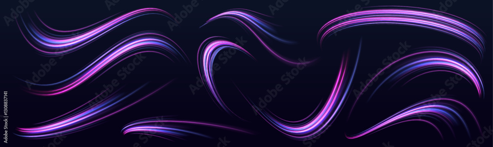 Poster Rotating dynamic neon circle. Colored shiny sparks of spiral wave. Expressway, the effect of car headlights. Night motorway with light effects in neon colors purple.	