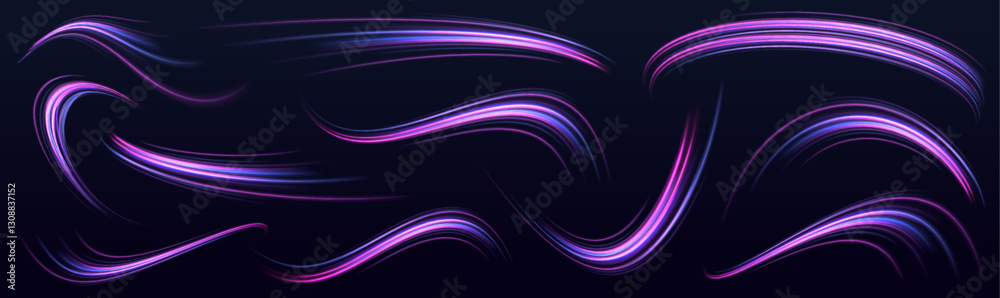 Poster Set of glowing speed spirals on dark background for your neon design. Abstract vector fire circles, sparkling swirls and energy light spiral frames.	