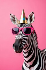 Zebra wearing pink sunglasses and party hat on pink background