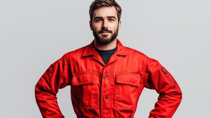 Fototapeta premium A man in a red jumpsuit stands confidently with hands on hips.
