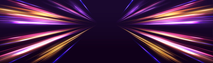 Abstract neon stripes with drills, turns, and swirls in high-speed motion, depicting futuristic road movement and glowing blue-purple light trails.	