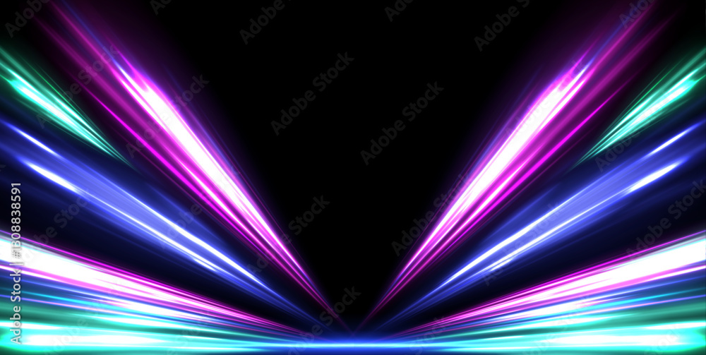 Poster panoramic high-speed technology concept with abstract light trails and glowing neon colors in blue, 
