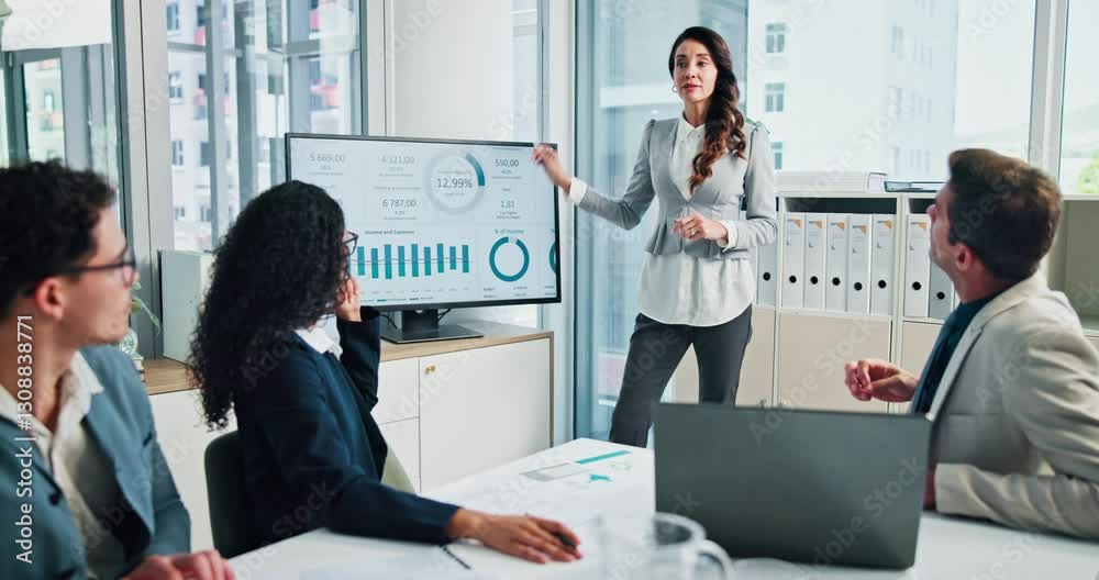 Poster woman, presentation and graphs on screen in boardroom with group, finance and stats at accounting ag