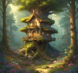 Fototapeta premium Illustration of goblin house in green forest.