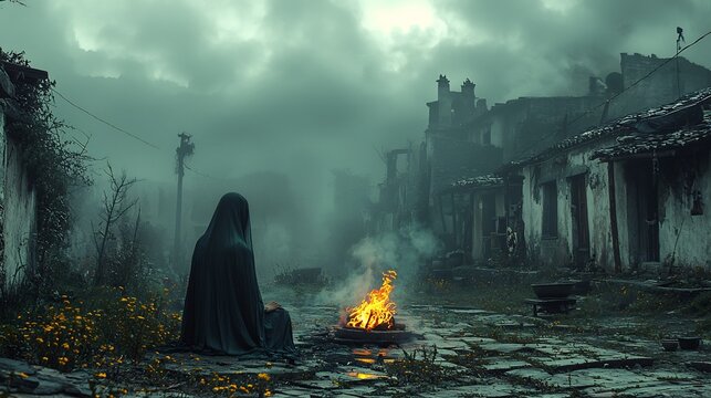 Grieving widow in a small quiet village courtyard seeing a hallucination of her deceased husband by a dwindling fire as the overcast sky looms above and grief lines her face