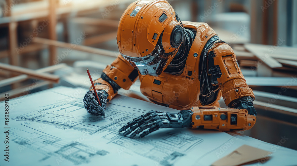 Poster advanced futuristic robot working on architectural blueprints at a construction site, demonstrating 