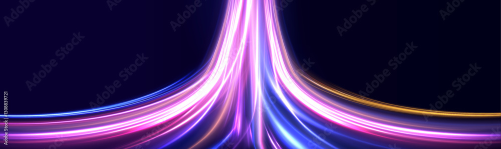 Poster High-speed light line in the form of a road and a highway in a night city. Vortex streams of neon light. Energy flow tunnel. Blue portal, platform. Magic circle vector.	
