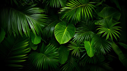 Dense Green Tropical Foliage Background with Diverse Leaf Shapes and Textures