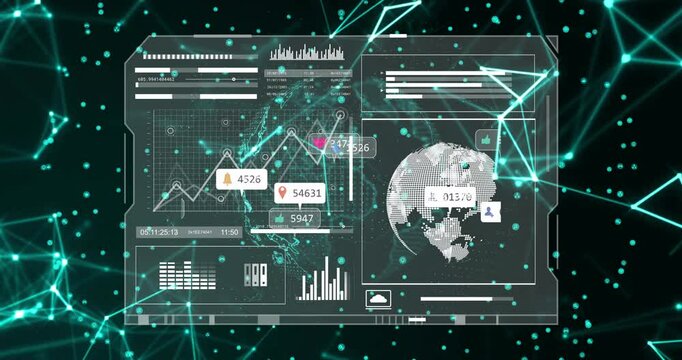 Displaying animation of global data analytics and social media in digital interface