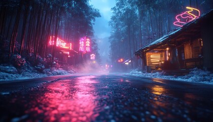 A snowy, neon-lit, atmospheric road through a stylized, retro-futuristic forest