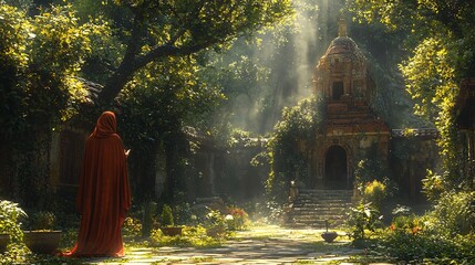 Healer guiding a patient into a deep state of hypnosis in a village courtyard surrounded by lush greenery as soft wind rustles through the trees and creates a peaceful atmosphere