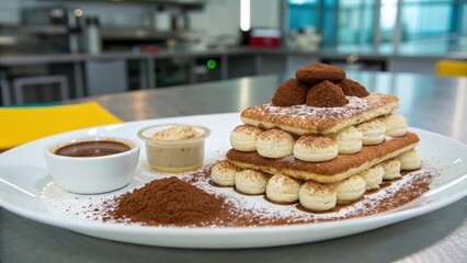 A modern, artistic take on tiramisu, with all its components separated on a large white plate. 