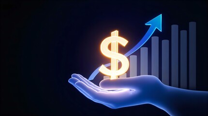 Financial Growth Concept: Dollar Sign in Hand with Upward Arrow & Bar Graph - Investment & Business Success Illustration