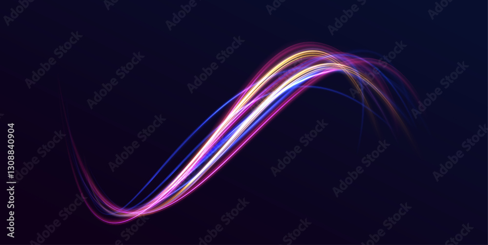 Poster Futuristic light motion effects on a black background, showcasing fast-moving neon stripes and creative illustrations of high-speed concepts, ideal for visualizing technology and progress.	