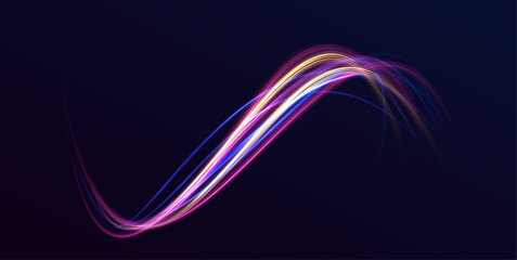 Futuristic light motion effects on a black background, showcasing fast-moving neon stripes and creative illustrations of high-speed concepts, ideal for visualizing technology and progress.	