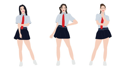 Fototapeta premium set of vector flat characters of popular beautiful schoolgirls wearing uniforms. popular girl posing while wearing a uniform. a beautiful female model