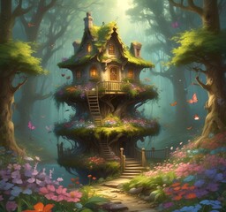 Fototapeta premium Illustration of goblin house in green forest.