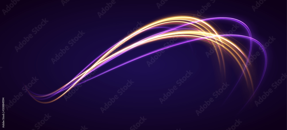 Poster Image with the effect of high-speed movement on the road. Abstract fire flare trace lens flares. Expressway in long delay, with car lights at night on autobahn.	