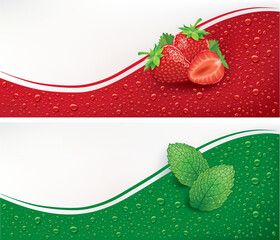 Strawberry and mint concept backgrounds with many fresh juicy drops on red and green background	