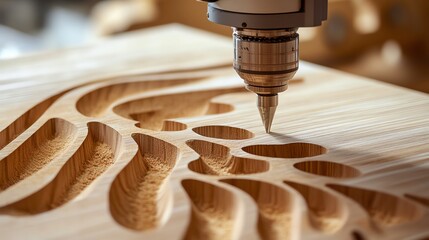 Closeup Futuristic carpenter using hightech CNC machines to design intricate wooden patterns, innovation in woodworking