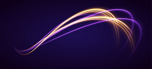 Image with the effect of high-speed movement on the road. Abstract fire flare trace lens flares. Expressway in long delay, with car lights at night on autobahn.	