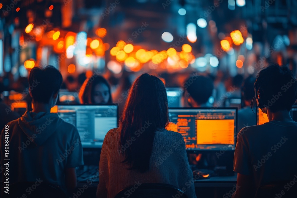 Aufkleber People working at computers in a dimly lit setting during an evening event focused on technology and collaboration