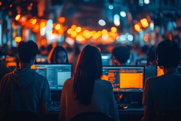 People working at computers in a dimly lit setting during an evening event focused on technology and collaboration