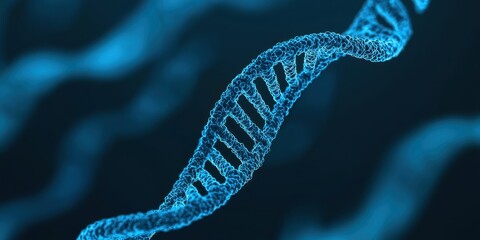 National DNA day with biology and molecular concept. DNA strand with glowing blue particles on a dark background.