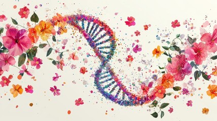 National DNA day with biology and molecular concept. Colorful DNA strand intertwined with vibrant floral elements.