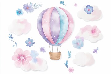 Colorful hot air balloon surrounded by flowers and clouds in a whimsical design