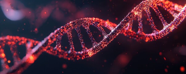 National DNA day with biology and molecular concept. DNA double helix with glowing particles on a dark background.