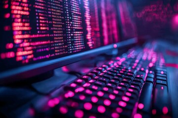 Obraz premium Colorful data display and keyboard illuminating a tech workspace at night