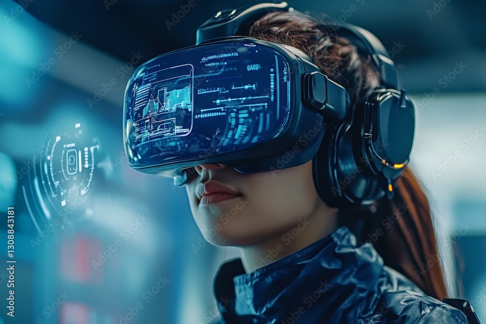Poster Discovering virtual worlds through immersive technology in a futuristic setting during the evening